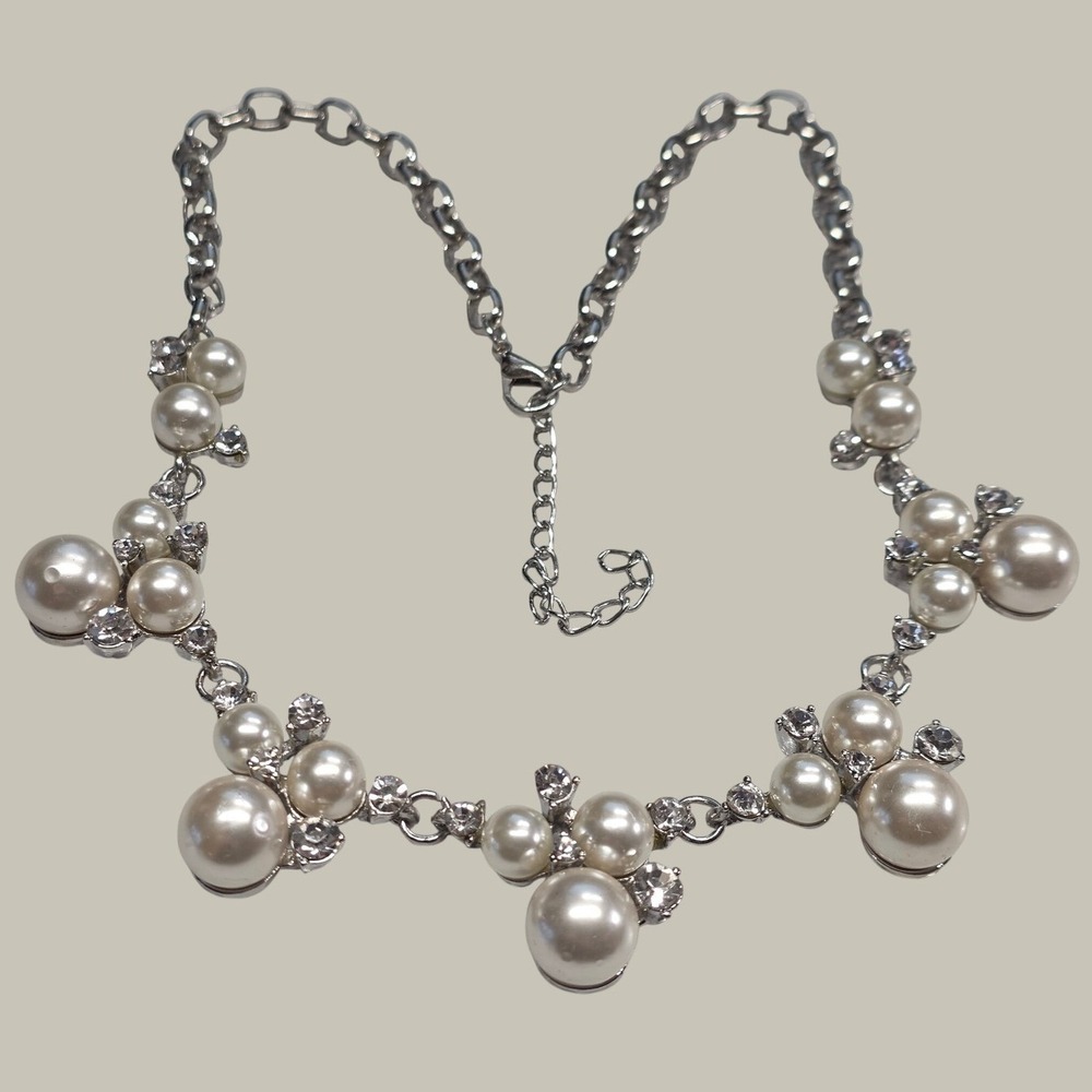 New Statement Necklace White Silver Tone Faux Pearl Clear Rhinestone Cluster